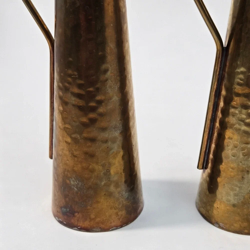 Vintage Hammered Brass Pitcher Pair Mid Century Modern Decorative Vases 7.5in